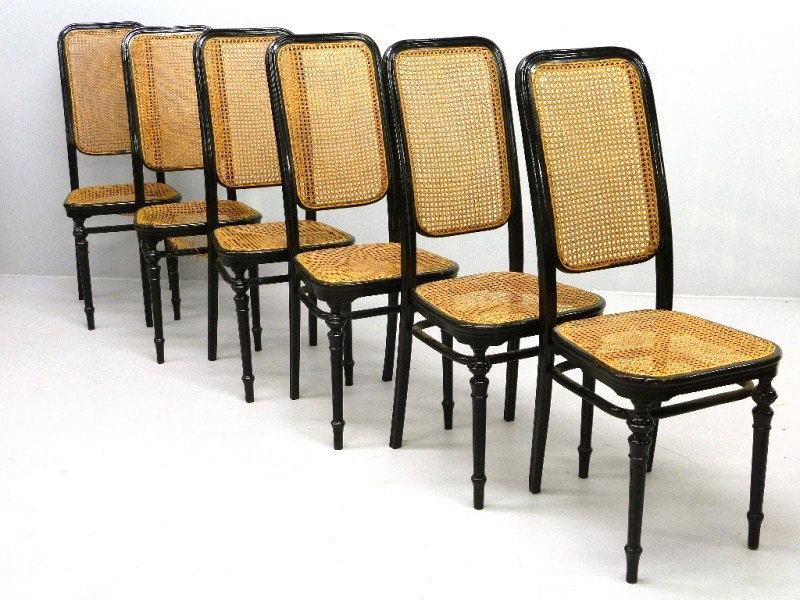 SET OF SIX SIGNED "THONET", FRENCH BLACK LAQUER CH: SET OF SIX SIGNED "THONET", FRENCH BLACK LAQUER CHAIRS, H 42", Circa 1900 (2 seats need cane repair)