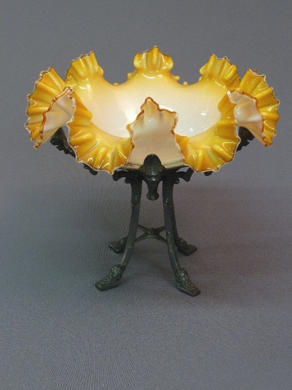 PEACH/GOLD GLASS & SILVERPLATE BRIDE'S BASKET sig: PEACH/GOLD GLASS & SILVERPLATE BRIDE'S BASKET signed (SIMPSON, HALL, MILLER & CO.WALLINGFORD CONN.) Circa 1890-condition good