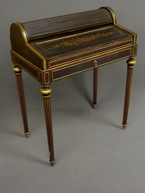 1880'S FRENCH LADIES DIMINUTIVE WRITING DESK W/TAM: 1880'S FRENCH LADIES DIMINUTIVE WRITING DESK W/TAMBOUR - silk writing surface and ink well holders - H 33" W 27" D 15"- c good condition