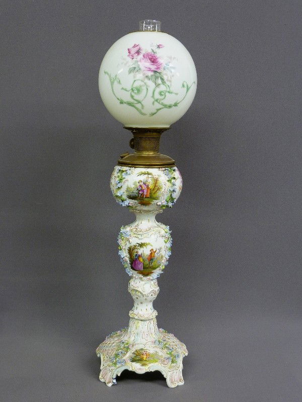 SIGNED GERMANY with CROSS BLUE MARKS PORCELAIN OIL: SIGNED GERMANY with CROSS BLUE MARKS PORCELAIN OIL LAMP now elec with OLD FLORAL GLOBE - Hgt 36" - Circa 1880 - good condition