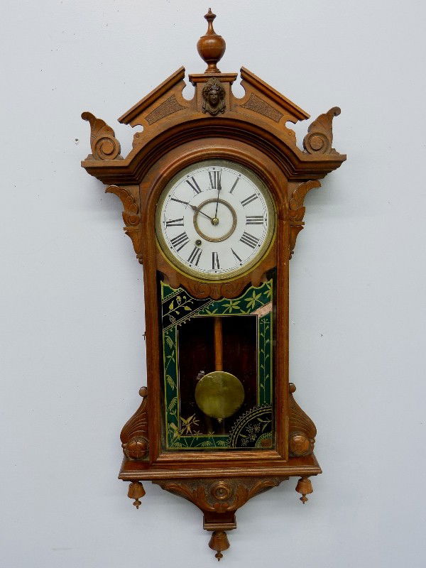SIGNED (NEW HAVEN) WALNUT AMERICAN WALL CLOCK WITH: SIGNED (NEW HAVEN) WALNUT AMERICAN WALL CLOCK WITH ORIG. FINISH & GLASS - H 40" - CIRCA 1875 - found in St Paul MN. - good original finish