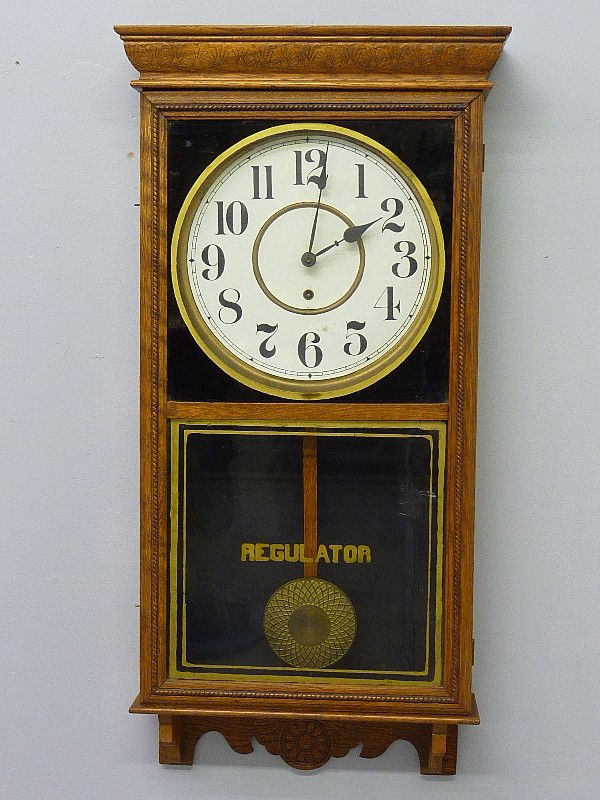 ANTIQUE OAK WALL REGULATOR WITH ORIGINAL LABEL SIG: ANTIQUE OAK WALL REGULATOR WITH ORIGINAL LABEL SIGNED (SESSIONS CLOCK CO.) H 36"-CIRCA 1900