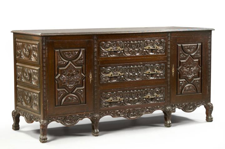 HEAVILY CARVED MAHOGANY SIDEBOARD with DRAWER & DO: HEAVILY CARVED MAHOGANY SIDEBOARD with DRAWER & DOOR STORAGE - H 40 W 79"- Circa 1940'S - good condition
