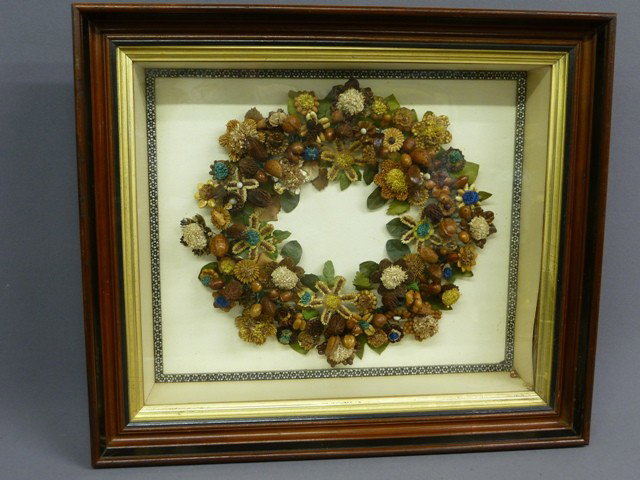 UNIQUE 1870's AMERICAN VICTORIAN SHADOW BOX MADE O: UNIQUE 1870's AMERICAN VICTORIAN SHADOW BOX MADE OF NUTS, SEEDS & LEAVES - very well done hand work - Hgt 25" W 29" - good condtion
