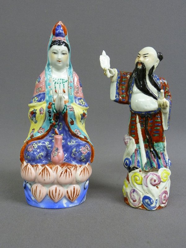 SIGNED CHINA PAINTED PORCELAIN FIGURINE with REMOV: SIGNED CHINA PAINTED PORCELAIN FIGURINE with REMOVEABLE HAND -Circa 1920 Hgt 10" & PAINTED PORCELAIN WOMAN - Hgt 11" x 5" - good condition