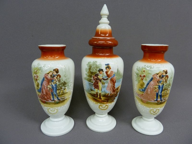 THREE 1890'S QUALITY HAND PAINTED BRISTOL PIECES: THREE 1890'S QUALITY HAND PAINTED BRISTOL PIECES INCL: A Pair of 14" Vases & A 20" Covered Compote all with Romantic Courting Scenes - all in good condition