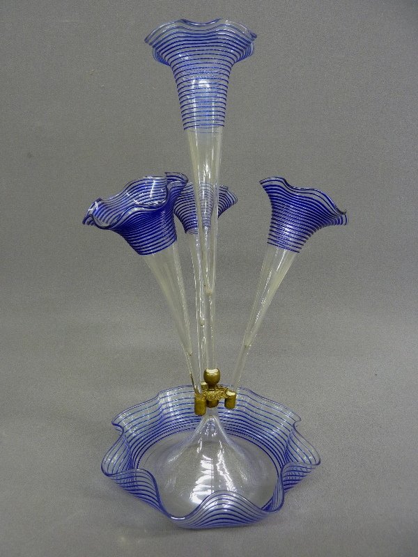 Super 1880's American Blue Thread Glass Wrapped Vi: Super 1880's American Blue Thread Glass Wrapped Victorian Epergne Center Piece with 3 Trumpets & lower Bowl - height 20" width 12" bowl dia. 10" - mint condition