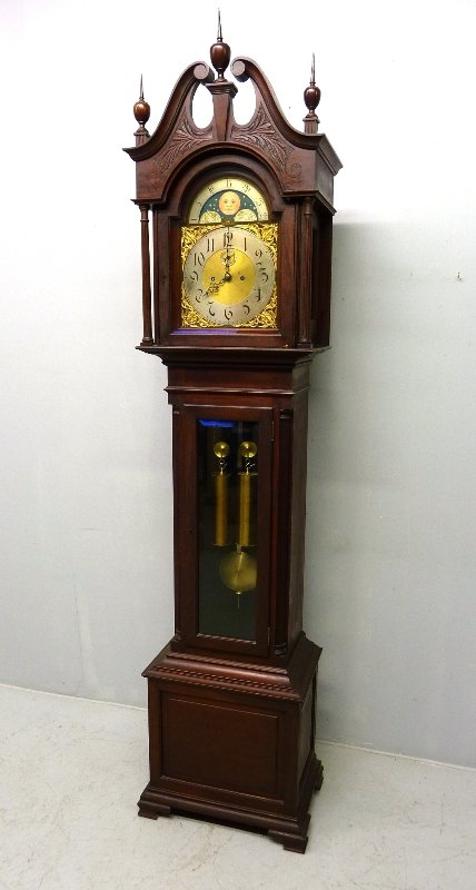 Very Nice Signed (Herschede Hall Clock Co.- Cincin: Very Nice Signed (Herschede Hall Clock Co.- Cincinnati Ohio dated 1903) Mahogany 2 weight Grandfather Clock with Moon Dial - from Eau claire WS estate - Hgt 8' w 21" - running condition
