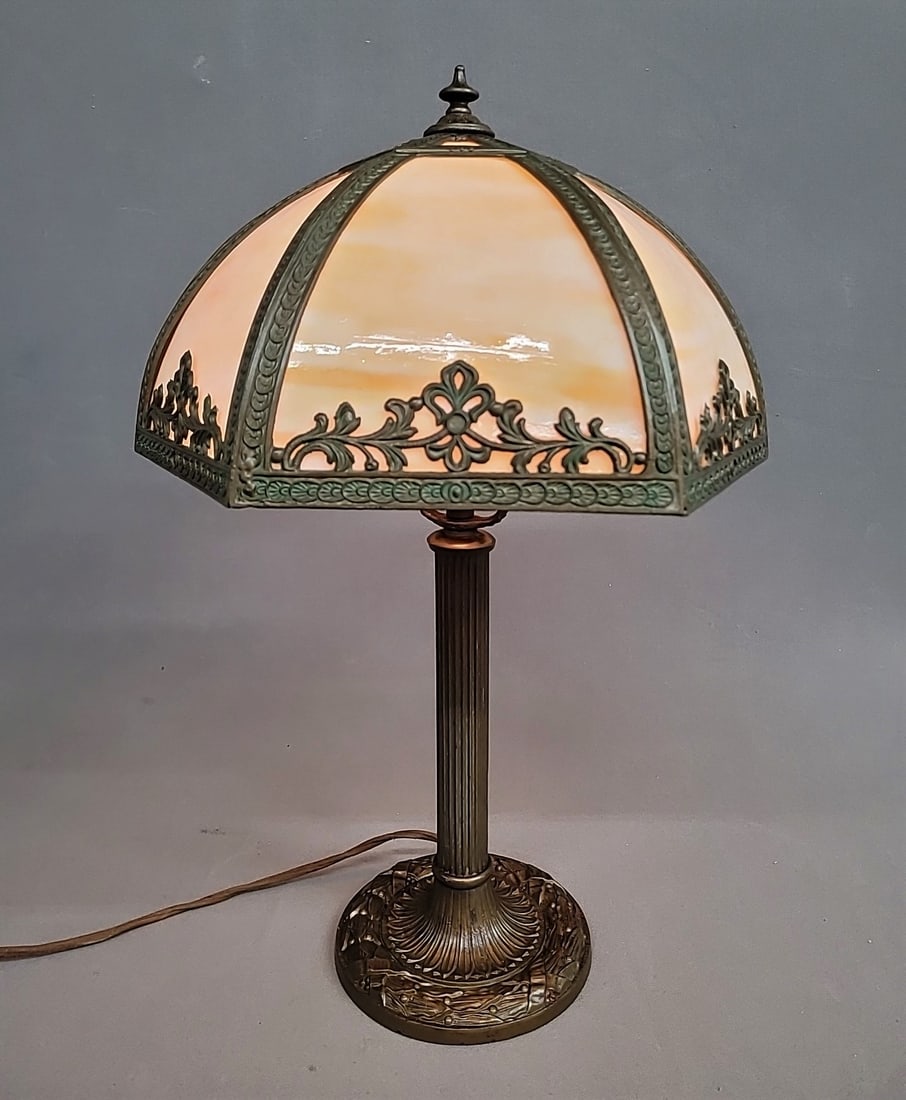Circa 1920's Carmel Slag Glass Panel Lamp with all original glass and rewired in good working (1 of 5)