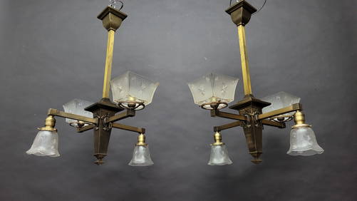 A Pair Circa 1920's Gas & Electric ceiling chandeliers all restored new wiring with antique glass (1 of 4)