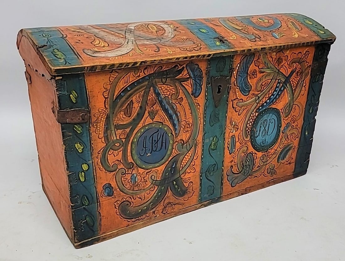 Dated 1817 Fantastic Rosemaled Decorated Smalll Dovetail Trunk with wrought iron constuction. Great: Dated 1817 Fantastic Rosemaled Decorated Smalll Dovetail Trunk with wrought iron constuction. Great original paint with initials of the original owner. W 36"L d 17" h 22" . Found in Zumbro Falls Mn co