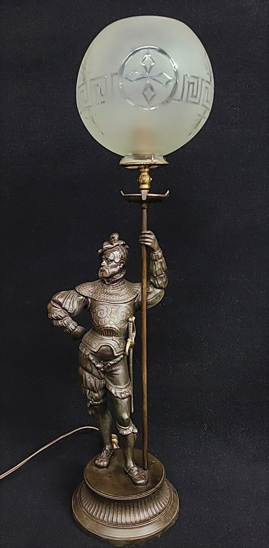 Circa 1870's Gas Table Lamp of Gentleman with sword holding staff. Has cut design 2 5/8" antique gas (1 of 7)