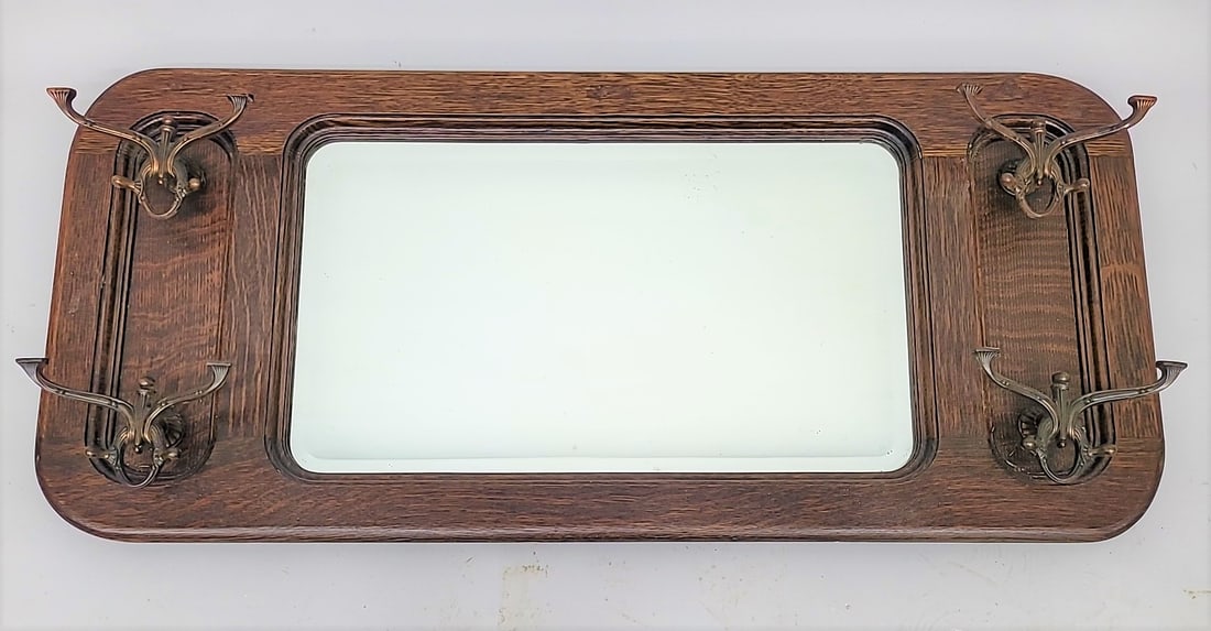 Circa 1900 1/4 cut oak Hanging Hat & Coat Mirror - retains original bevel glass mirror with original (1 of 3)