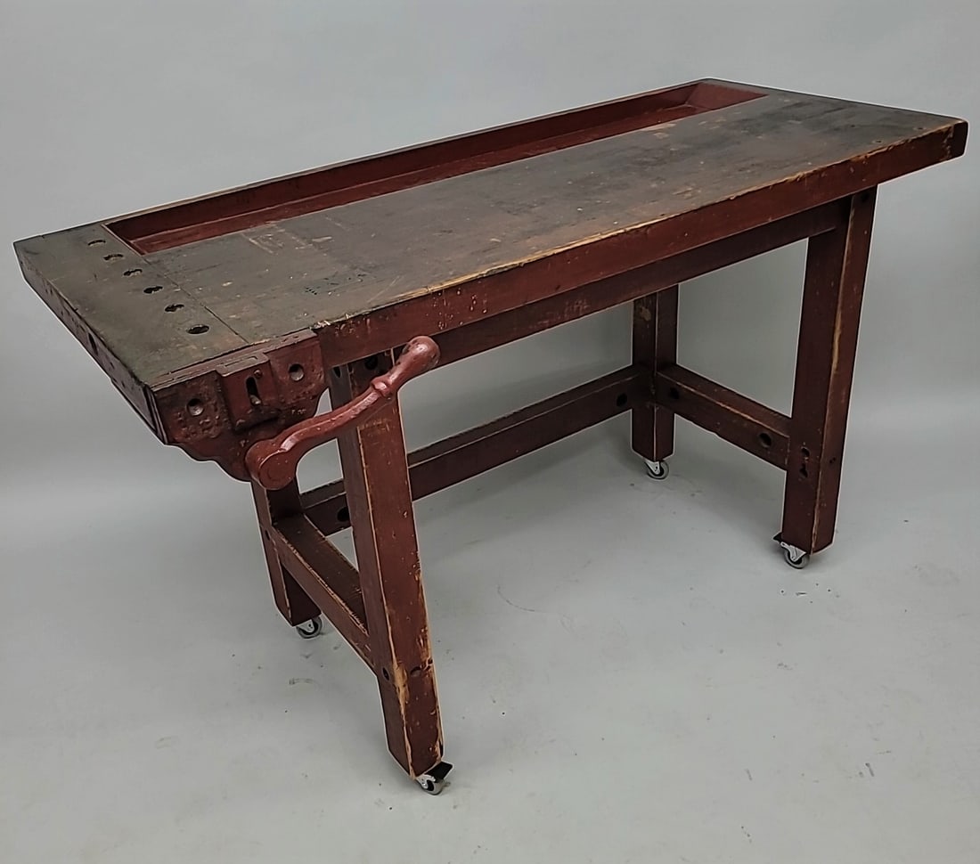 Circa 1900 Hard Maple Work Bench with original paint & vise.  W 52" d 27" h 34".  Good original (1 of 5)