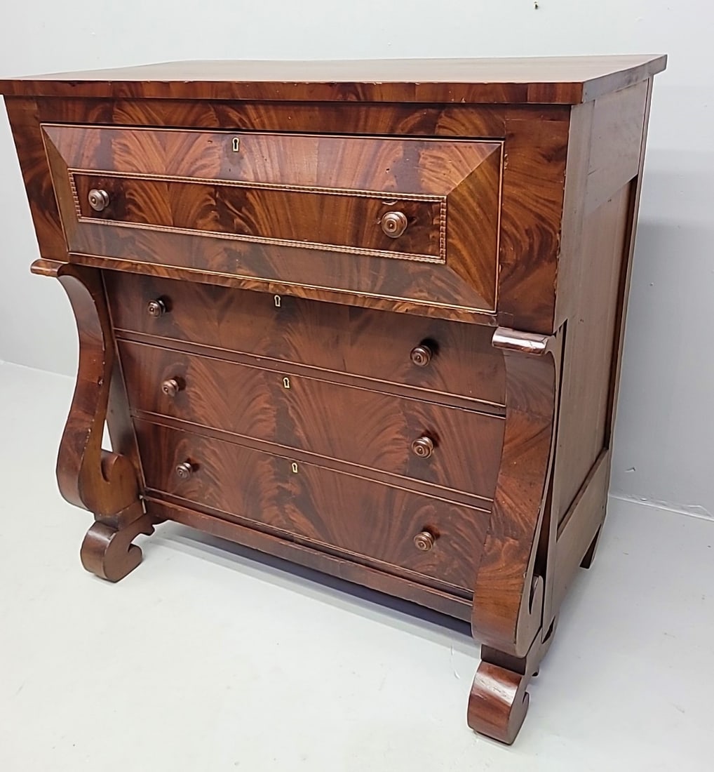 Circa 1840's American Empire Crotch Mahogany Hand made Tall Chest signed  signed (C.B. Yeoman, Red (1 of 5)