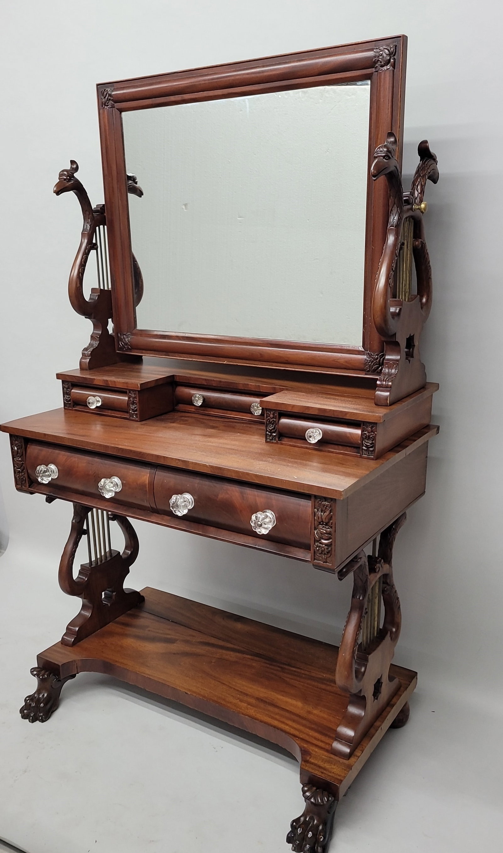 Unique 1880's Mahogany Dressing Table with Swan's Heads and Lyre form decoration on each end with (1 of 9)