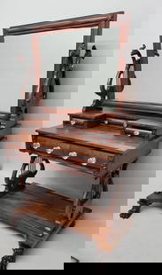 Unique 1880's Mahogany Dressing Table with Swan's Heads and Lyre form decoration on each end with: Unique 1880's Mahogany Dressing Table with Swan's Heads and Lyre form decoration on each end with micro carved details. Has well carved claw feet & tilting mirror. H 70" w 41" d 23". Good original