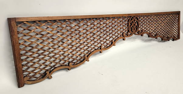 Circa 1890's Solid Oak Door Way Fretwork. Fantastic construction & condition. Ready to install. W: Circa 1890's Solid Oak Door Way Fretwork. Fantastic construction & condition. Ready to install. W 85" h 16". Found in Missouri estate.
