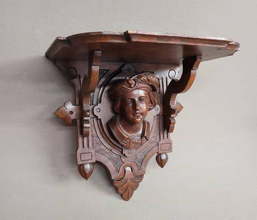 Circa 1875 Hand Carved Walnut Shelf with bust of gentleman on shelf. Very good condition. Original: Circa 1875 Hand Carved Walnut Shelf with bust of gentleman on shelf. Very good condition. Original finish. Rare victorian shelf. H 11.5" w 12" d 8".