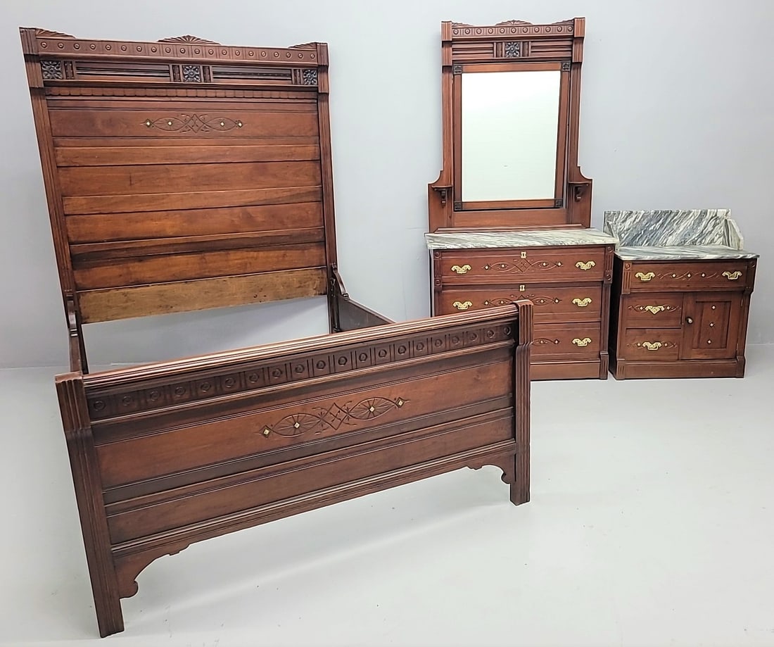C 1880's American Walnut Spoon Carved Eastlake MT Bedroom Set from Conception MN estate. All (1 of 9)