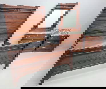 C 1880's American Walnut Spoon Carved Eastlake MT Bedroom Set from Conception MN estate. All: C 1880's American Walnut Spoon Carved Eastlake MT Bedroom Set from Conception MN estate. All original brass hardware with bevel glass mirror & candle stands. Bed outside L78" w 56.5"h 72"-inside L