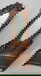 Circa 1900 1/4 cut oak carved halltree with original hooks & bevel mirror - hgt 82" w 36" d 17" -: Circa 1900 1/4 cut oak carved halltree with original hooks & bevel mirror - hgt 82" w 36" d 17" - very good original finish & condition. Found in St Paul MN estate. Note, the original bevel mirror's