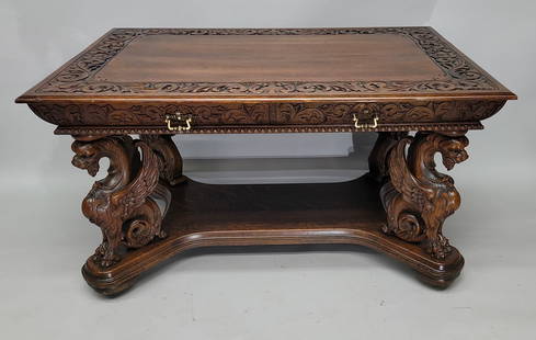 Circa 1880's RJ Horner Heavily Carved Oak Full Standing Griffin Library partners Desk or Table: Circa 1880's RJ Horner Heavily Carved Oak Full Standing Griffin Library partners Desk or Table, original finish, the top has been cleaned and over sprayed. L55", W37", H30". Overall great condition.