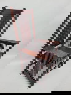 Signed Gustav Stickley Mahogany Arm Chair with original finish & leather seat marked (Als ik kan): Signed Gustav Stickley Mahogany Arm Chair with original finish & leather seat marked (Als ik kan) Very good condition. Found in St Paul MN collection. H 49" w 27.5" d 22".