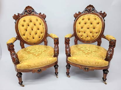 Circa 1870's John Jelliff woman headed arm chairs with portrait heads on the cresting. John Jelliff: Circa 1870's John Jelliff woman headed arm chairs with portrait heads on the cresting. John Jelliff New Jersey cabinet maker. Total restored in mint condition. New damask upholstery. 43" w 27" d