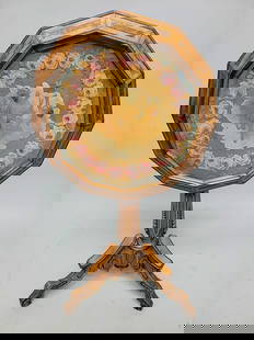 Circa 1870's Tilt top table, with reverse painted putti glass top. high quality maple & burl.: Circa 1870's Tilt top table, with putti and floral reverse painted top glass. A quality tiger maple & burl walnut unique tilt top table in good condition. Hgt 30" dia of the top 21". Found in