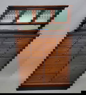 Circa 1920's Mahogany Dental Cabinet with 22 drawers & 3 etched glass doors. Has bevel mirror & milk: Circa 1920's Mahogany Dental Cabinet with 22 drawers & 3 etched glass doors. Has bevel mirror & milk glass interior. Found in Hastings MN. Hgt 64" w 40" d 13.5". Very good refinished condition.