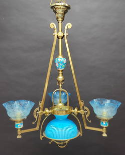 Circa 1880's 3 arm aesthetic Gasolier with Longwy porcelain. Has 10" reeded blue center shade.: Circa 1880's 3 arm Aesthetic Gasolier / Chandelier with Longwy porcelain . Has 10" reeded blue center shade. All gas shades are old as is, 10 center shade. . Rewired ready to hang. Brass aesthetic