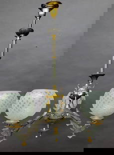 Circa 1875 Three Arm Gas chandelier/gasolier with antique 2 5/8" gas shades. Fixture has been: Circa 1875 Three Arm Gas chandelier/gasolier, with three antique 2 5/8" gas shades. Gasolier is brass & metal not painted. Fixture has been cleaned up & wired for electric use. H 31" dia. 24". Has