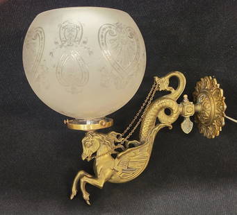 C 1870's Gas Wall Sconce with brass figure of a horse with antique 2 5/8" gas shade.: Relisted with different shade. Circa 1870's Gas Wall Sconce, w/ cast brass figure of a horse. With a antique acid etched gas shade. ***Note to anyone who had bid on this sconce, We accidentally