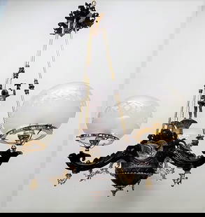 Circa 1855's Rococo 3 Arm Gas Chandelier/Gasolier/ with Cavilier Center Figure by Fellows & Hoffman: Circa 1855's Rococo 3 Arm Gas Chandelier/Gasolier/ with Cavilier Center Figure by Fellows & Hoffman Co in 1857-1859 Catalog. Has wonderful set of 3 cut glass 5" fitter antique gas shades. Wired