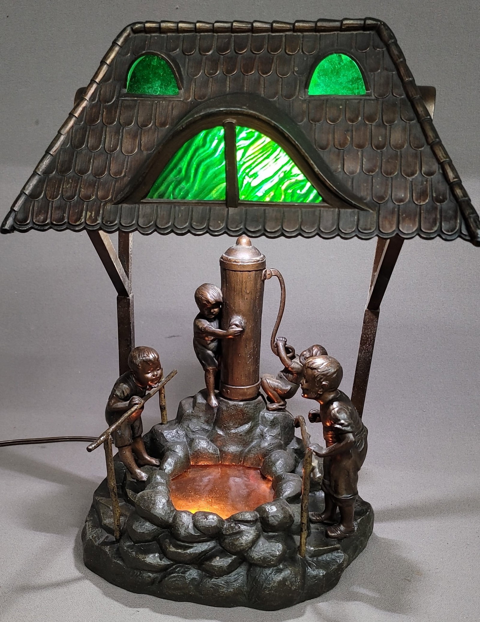 Circa 1920's Unique 4 Children Metal Lamp by ( Oswald Schimmelpfennig) Playing by the well pumping (1 of 7)