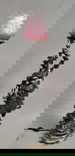 Circa 1920's Metal Woman Statue Lamp holding Cranberry Acid Etched Antique Glass shade. signed . H: Circa 1920's Metal Woman Statue Lamp holding Cranberry Acid Etched Antique Glass shade. signed . H overall 30". Just shade height 5". Rewired in very good condition. Found in Nothern ILL. Estate.