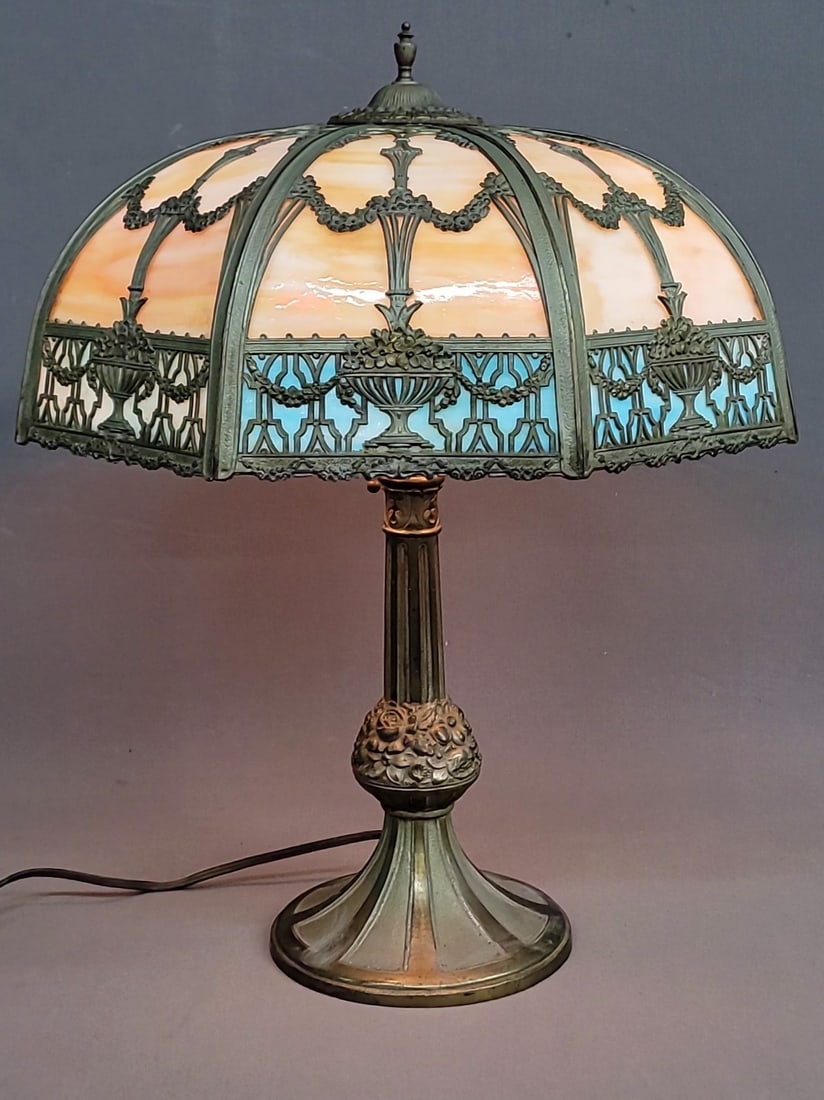Circa 1920's Large Slag Glass Panel Lamp by Empire Lamp Co. Chicago. Carmel slag glass with slag (1 of 5)