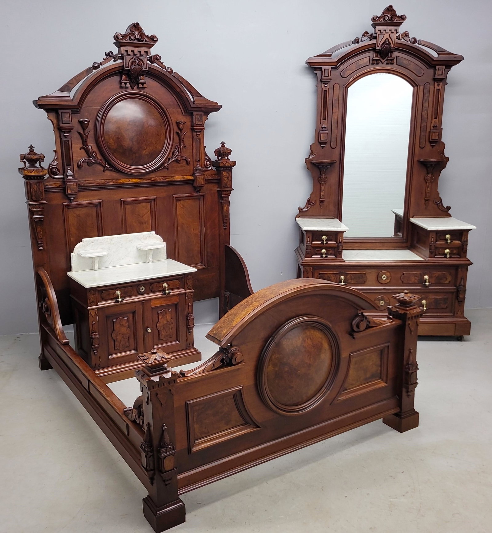 C 1875 Burl Walnut Bullseye American made Walnut Victorian 3 Pc  Marble Top Massive Bedroom Set . (1 of 17)
