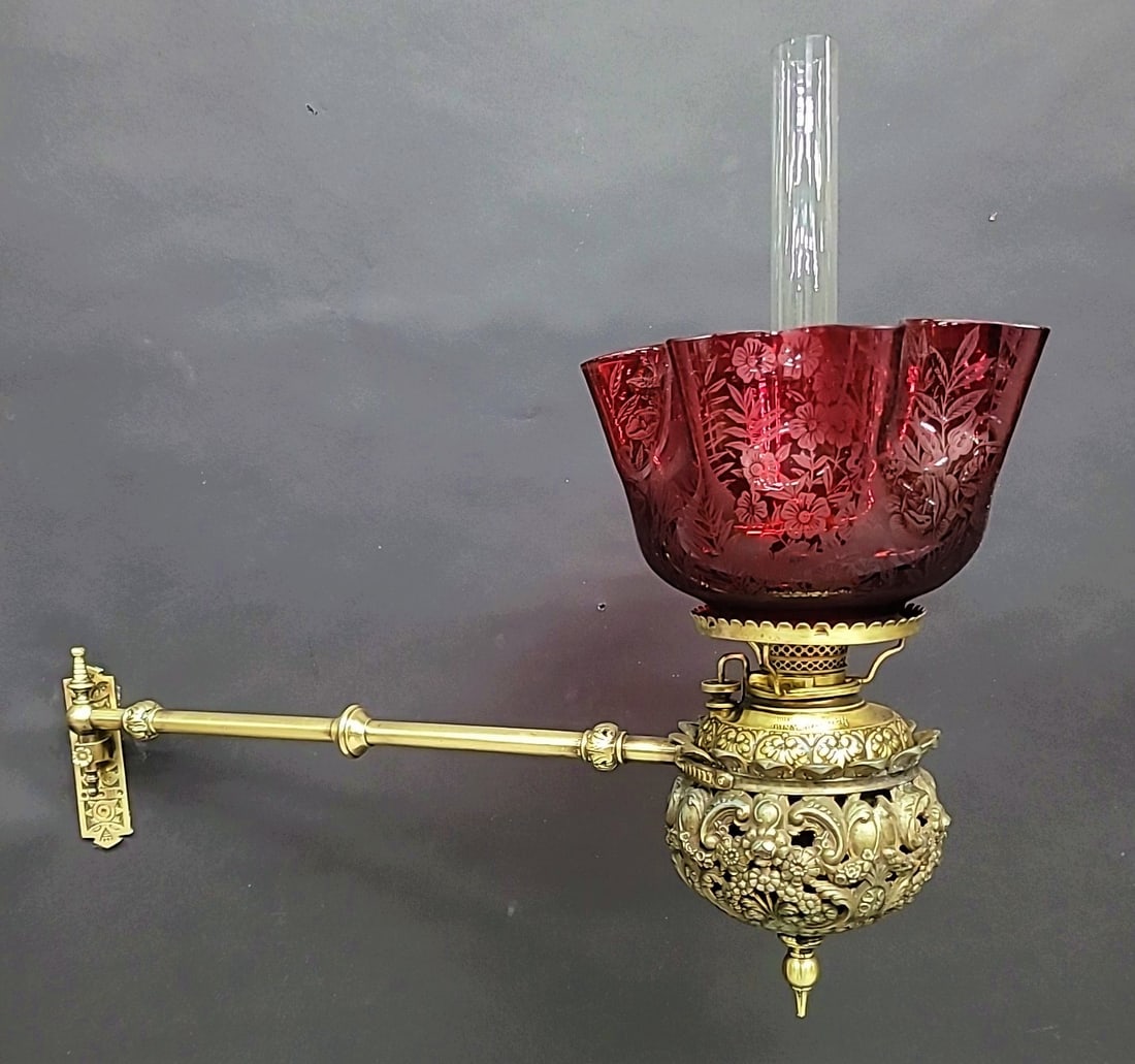 Unique Circa 1880's Miller Jr Size Oil Wall Sconce with cranberry etched shade. Note original flame (1 of 6)