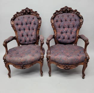 Circa 1850's Solid Heavily Carved Rosewood Parlor Arm Chairs made by Alexander Roux, New York. Solid: Circa 1850's Solid Heavily Carved Rosewood Parlor Arm Chairs made by Alexander Roux, New York. Solid condition with older reupolstery. H 44" w 25" d 27". Found in Missouri estate.