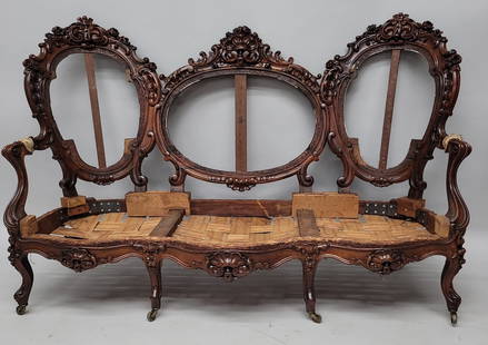 Circa 1850's Solid Brazilian Rosewood Triple Back Loveseat with extensive quality carving.  Probably: Circa 1850's Solid Brazilian Rosewood Triple Back Loveseat with extensive quality carving. Probably Alexander Roux, New York. Solid Rosewood frame all reglued & steel braces ready for fabric. 70" h 43