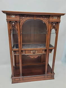 Italian Walnut Lion, Angel, Bird carved Curio / Marble Insert. signed Jovbert Londini fecit 1916: Italian Walnut Lion, Angel, Bird Carved Curio with Marble Insert Décor signed Jovbert Londini fecit 1916. h 53" w 48" d 18". Has bevel glass in the arched door. Very good condition. Found in