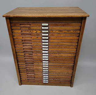Circa 1900 Signed Hamilton Oak Lead Type Print Cabinet with 24 drawers. All in good refinished: Circa 1900 Signed Hamilton Oak Lead Type Print Cabinet with 24 drawers. All in good refinished condition. Has slots for naming drawers. Found in Eau Claire WI collection. Hgt 44" w 37" d 24".The