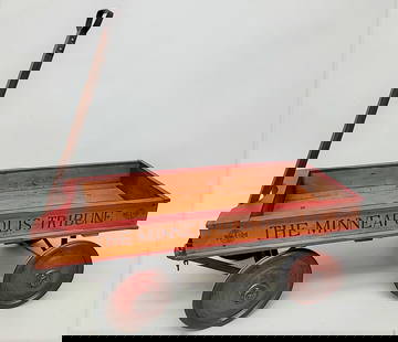 Fantastic wood wagon signed (The Minneapolis Tribune) All original paint & condition. As near mint: Fantastic wood wagon signed (The Minneapolis Tribune) All original paint & condition. As near mint condition as I have ever had. L 37" with handle up. Width 15" hgt 16". Found in Mpls MN estate.