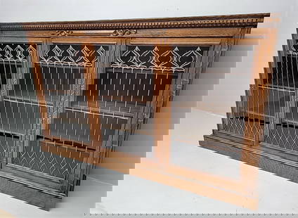 Circa 1910 1/4 Cut Solid Oak Leaded Glass 3 Door American Bookcase. L. 88'' x H. 53'' x D. 12''.: Circa 1910 1/4 Cut Solid Oak Leaded Glass 3 Door American Bookcase. L. 88'' x H. 53'' x D. 12''. Good refinished condition. Some small hair lines cracks in leaded glass. Hard to see.