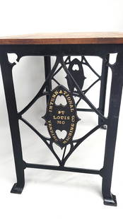 Circa 1920's marked (International Vending Machine Co. StLouis MO) cast iron table signed on both: Circa 1920's marked (International Vending Machine Co. StLouis MO) cast iron table signed on both ends. H 31" w 33" d 24". Found in Arvada CO collection. good solid condition.