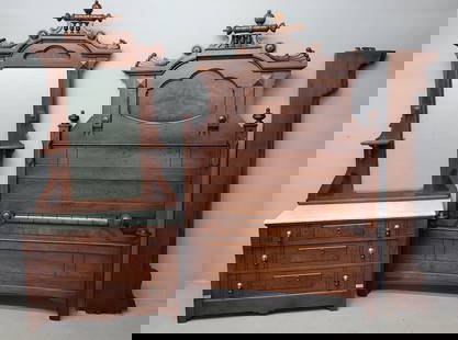 Circa 1880's Inlaid Burl Walnut 2 Pc Marble Top Bedroom Set found in nothern Iowa estate. Has inlaid: Circa 1880's Inlaid Burl Walnut 2 Pc Marble Top Bedroom Set found in nothern Iowa estate. Has inlaid decoration & teardrop pulls. Bed hgt 88" .w 57" inside76" by 54" .Dresser h 90" w 42". Good