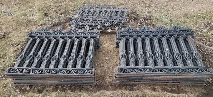200 feet of Victorian Style Cast Iron fence including 38 sections of fence 56" tall & 64" wide: 200 feet of Victorian Style Cast Iron fence including 38 sections of fence 56" tall & 64" wide along with 40 posts 76" tall & 2 1/4" wide for a total of 200 feet. You may only get 200 feet, if you