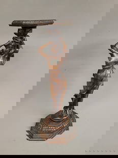 Circa 1920's Carved Walnut Plant Stand of a Woman - Good condition- hgt 25" dia. Base. 9". Found in: Circa 1920's Carved Walnut Plant Stand of a Woman - Good condition- hgt 25" dia. Base. 9". Found in Anoka Mn collection.